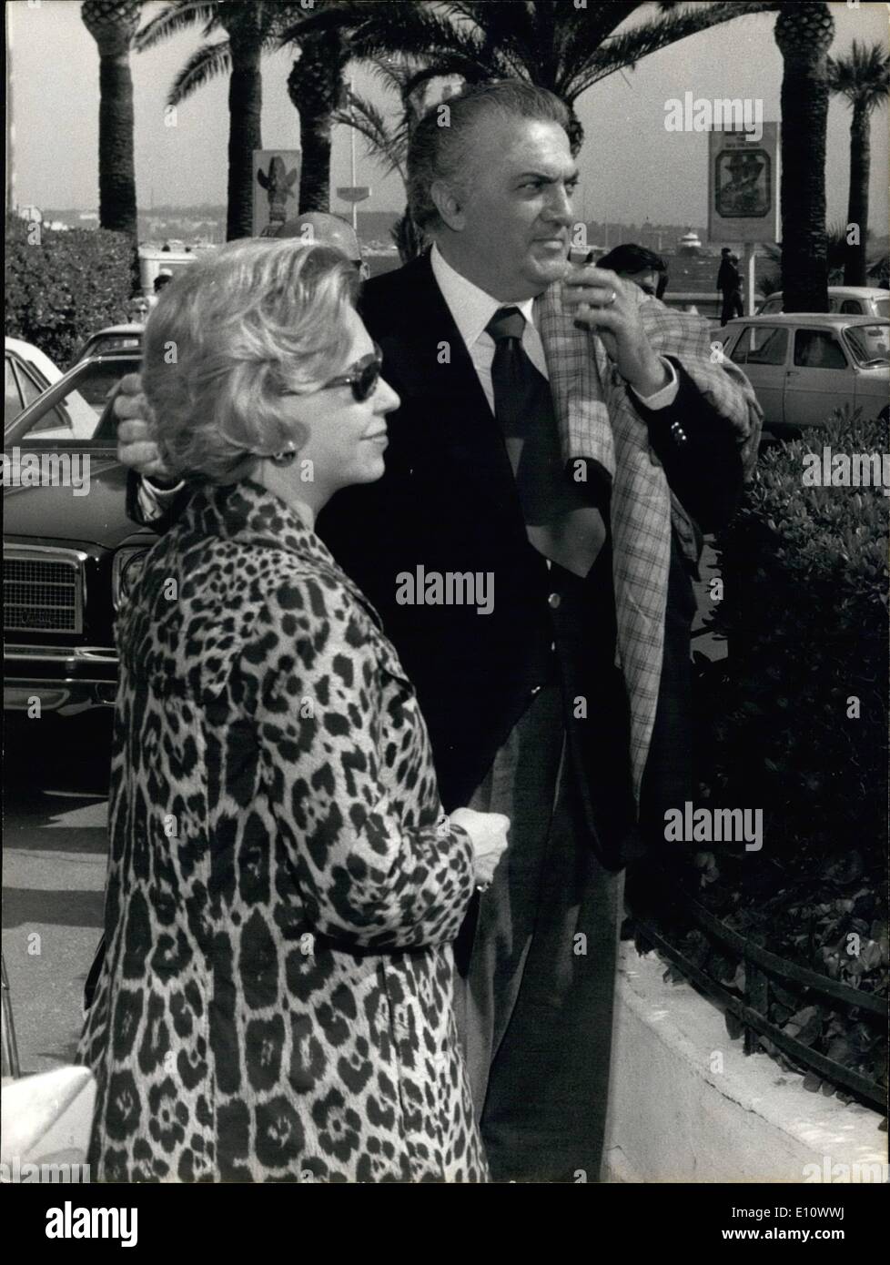 May 05, 1974 - Cannes Film Festival Opens: The Annual Film Festival Opened At Cannes, French Riviera, Yesterday. Photo shows Frederico Fellini Pictured With His Wife, Italian Actress Guiletta Massina. Fellini's Film ''Amarcord'' Was The First To Be Shown On Opening Night. Stock Photo