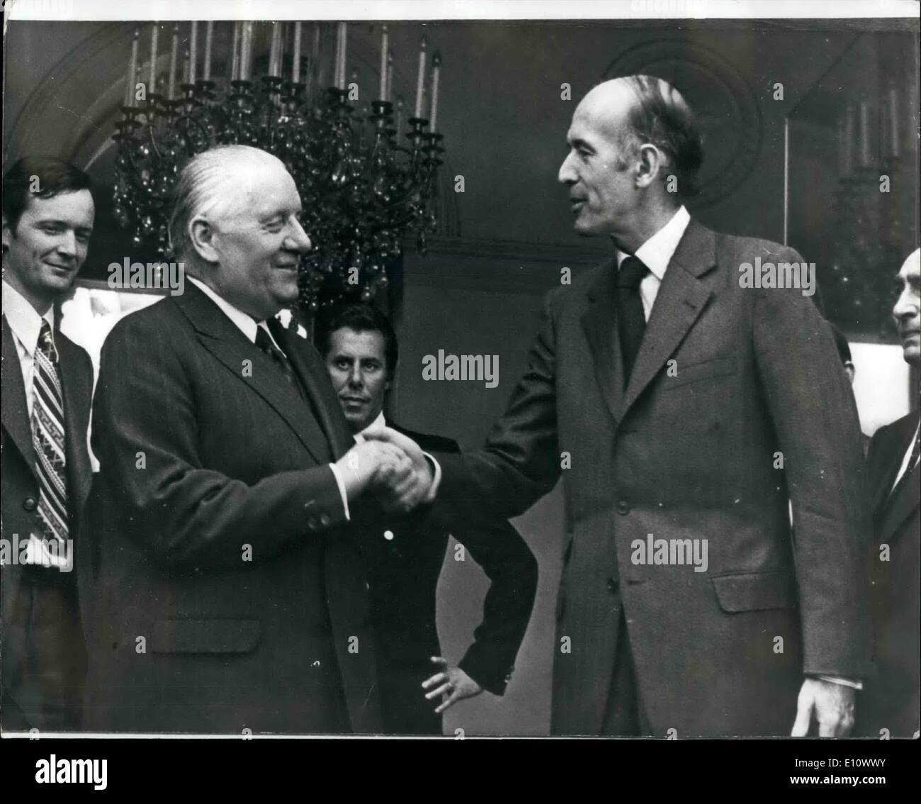 May 05, 1974 - Giscard Visits The Elysee Palace: The newly elected French President Valery Giscard D'Estaing (right), shaking hands with M. Alain Poher, the interim president, after visiting him at the Elysee Palace in Paris today. Stock Photo