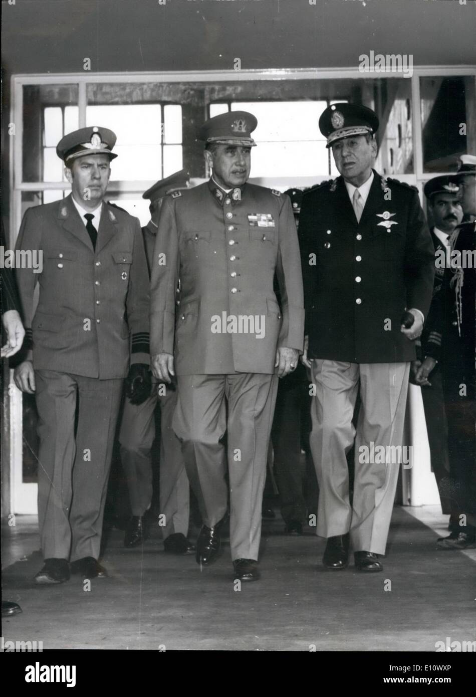 May 05, 1974 - The Presidents of Argentina and Chile together: General Augusto Pinochet, head of the military Junta of Chile visited on his first official visit to Southamerican countries, the Argentina. - Here is Argentina's president general Juan D. Peron (right) the aged President, as Moron Airport, with his chilean collegue, the ''strong man'' who ousted the marxist government. The anticomunism is spreading out among the Southamerican republica like Brazil, Uruguay, Bolivia, Chile etc. At left a chilean airforce authority who acco mpanied Pinochet. Stock Photo