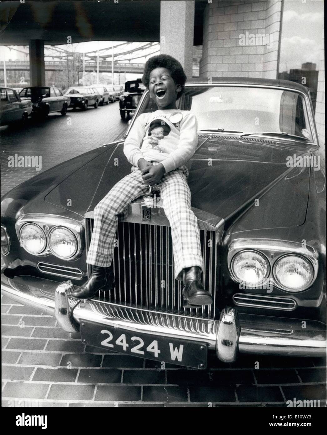 May 05, 1974 - Five Year Old Superstar in London. Pop star and actor Rodney Allen Rippy, who is superstar at the age of 5, arrived in London today from America. Rodney, son of an American ethnic dustman, first shot to fame when he was three when he appeared in a TV hamburger commercial, and is expected to be a dollar millionaire before he is six. He is over here to appear on Yorkshire Television's Junior Showtime. Keystone Photo Shows: Rodney Allen Rippy gets the feel of a Rolls Royce car, after giving a Press Conference at the Tower Hotel, St. Catherine's Way, London, today. Stock Photo