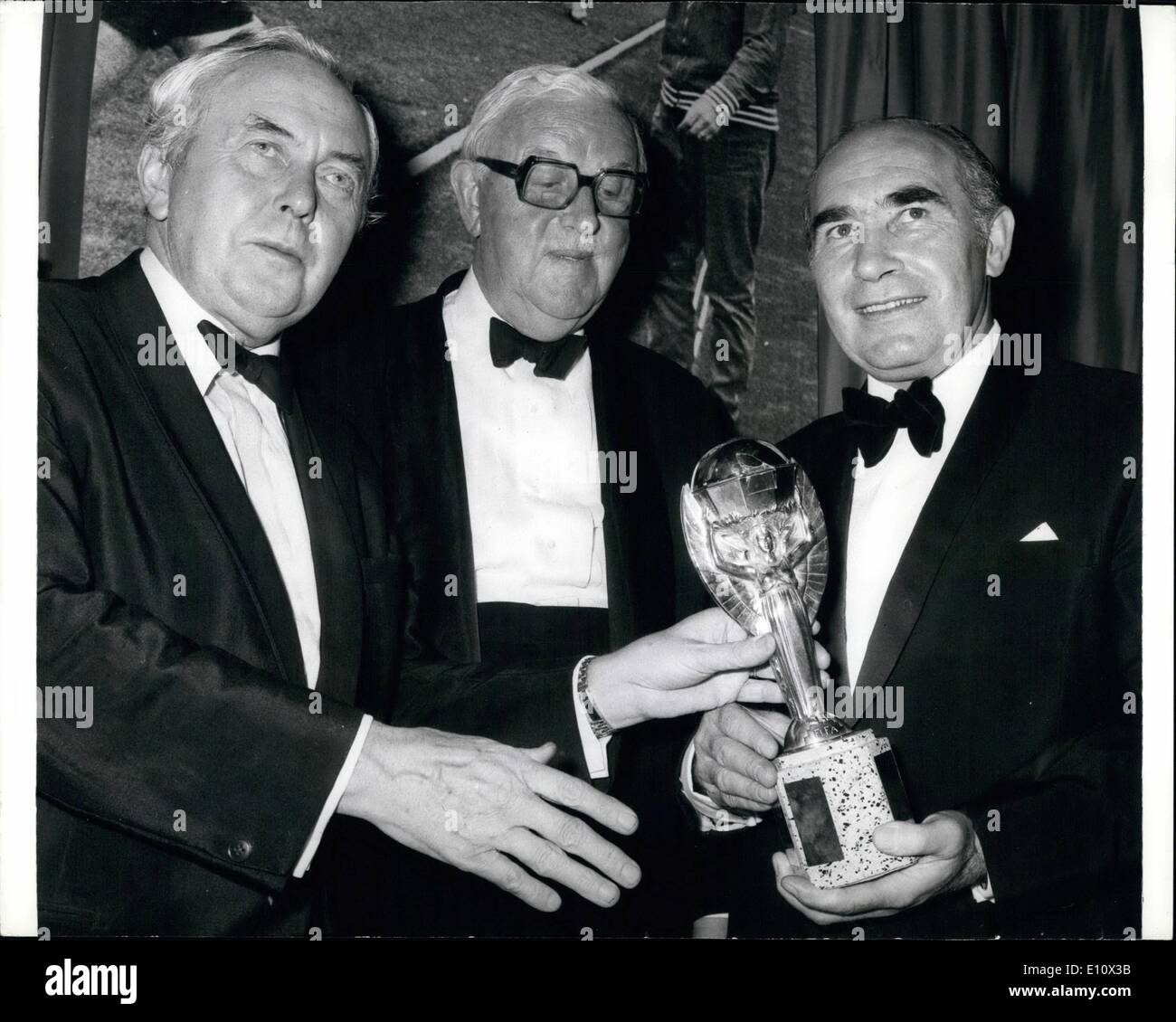 Jul. 07, 1974 - TOGETHER AGAIN ! SIR ALF RAMSEY TEAMS UP AGAIN WITH HIS 1966 WORLD CUP WINNERS: Sir Alf Ramsey was back last night among the men who gave him and England their greatest moment in football - exactly eight years after England beat West Germany 4-2 at Wembley to win the 1966 World Cup. All the winning team attended the testimonial dinner for Sir Alf at London's Cafe Royal last night. It was an emotional occasion for Ramsey, who was sacked in April after eleven years as England's team manager Stock Photo