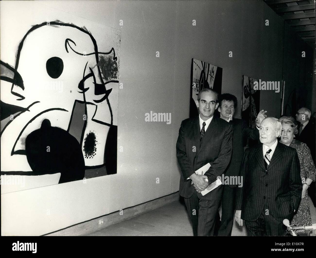 May 05, 1974 - Miro's Paintings Exhibited in paris: Joan Miro, The Famous 70-year-old spanish painter, is now exhibiting his paintings at the grand palais. Photo shows. Alain Peyrefitte, minister of culture (right) visiting the display of abstract painting done by the artist (right) Stock Photo