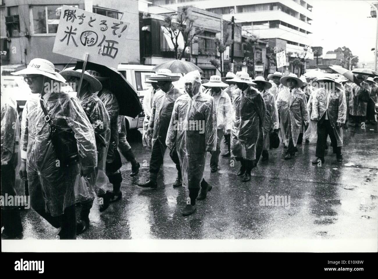 May 05, 1974 - JAPANESE FARMERS DEMAND HIGHER RICE PRICES IN TOKYO RALLY. Ignoring the rain, over 11,000 Japanese rice growers March through the streets of Tokyo to demand higher prices for their grain, and ''back pay'' to compensate for ''inadequacy'' of last year's price to cope with inflation. Among the demands is a 64,75 increase in producers rice price, and the ''back pay'' is to compensate them for last year's government fixed rice price, which they claim did not meet the sharp rise in labour costs, agricultural, materials, equipment, and daily necessities sparked by the oil crisis Stock Photo