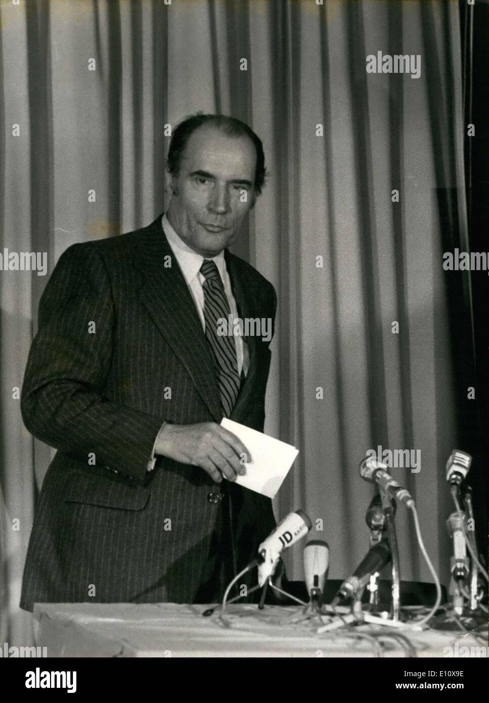 May 06, 1974 - With more than 43% of the votes, the Left's candidate Francois Mitterrand finds himself neck and neck with Valery Giscard D'Estaing in the second rounds of the presidential election. Late in the night, Mitterrand held a press conference at his Paris headquarters to comment on the results from the first round of presidential elections. Stock Photo
