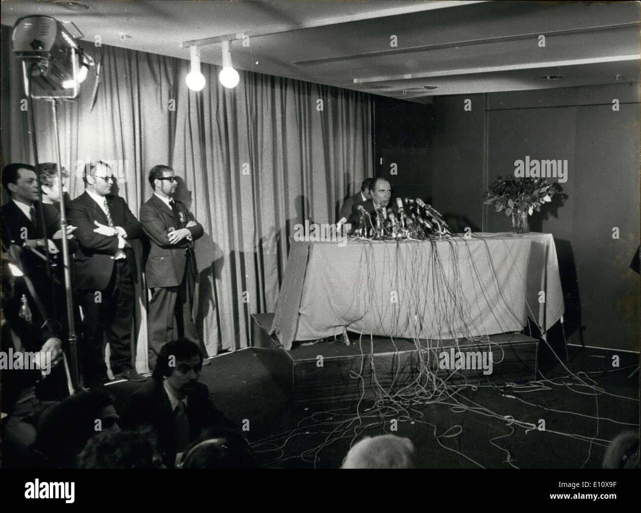 May 06, 1974 - With 43% of the vote, Francois Mitterrand finds himself up against Giscard d'Estaing in the second round of the presidential election. The press conference was held to comment on the results of the first round. Stock Photo