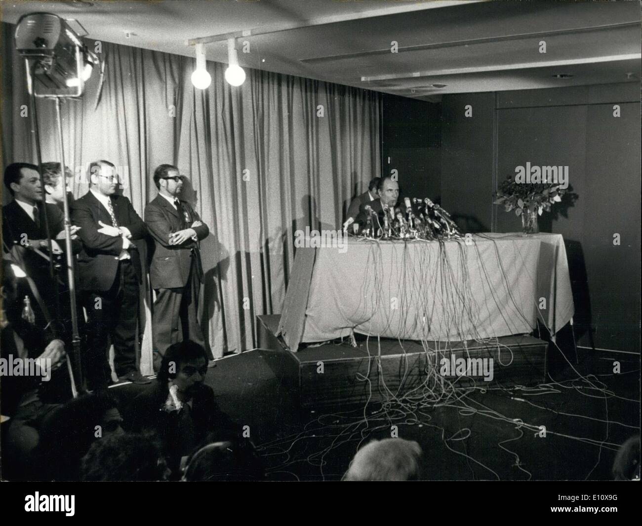 May 06, 1974 - Left Presidential Candidate Mitterrand held the press conference to comment on the first round of the elections in which he received 43% of the vote. He will be facing Giscard d'Estaing in the second round of the elections. Stock Photo