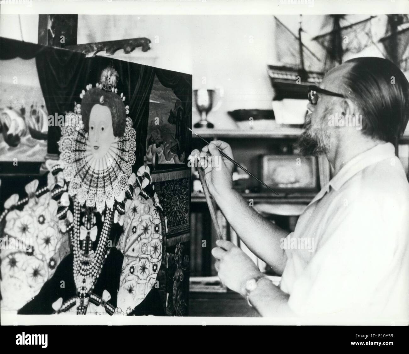 Aug. 08, 1974 - London Artist Paints For ''Golden Hinde'': An usual commission for artist Peter Wood, of Barnes, London, in this painstaking copy of a 16th century portrait of Queen Elizabeth I. executed as one of a series for the Great Cabin in the full-size replica of Drake's Golden Hinde. The replica, currently open to the public near the Tower of London, will also carry two portraits of King Philip of Spain and Drake himself, executed by the same artist, on her 6-month voyage to San Francisco, due to begin this autumn. Stock Photo