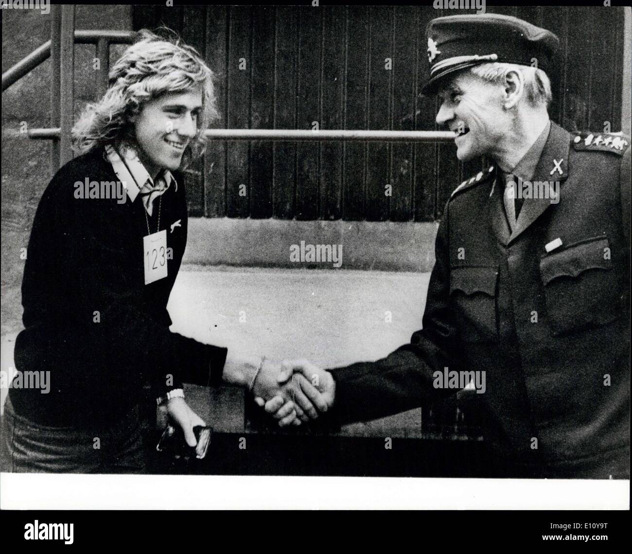 Oct. 03, 1974 - Bjorn Borg Reports At Army National Service Centre. Like other Swedish 18-year-olds, Bjorn Borg the young golden boy of tennis, this week reported where he completed medical and aptitude tests. Because he spends more than six months abroad each year it is unlikely that he will be called up. Photo Shows: Bjorn Borg is welcomed at the centre by the Lt. Col. K.G. Holm. Stock Photo