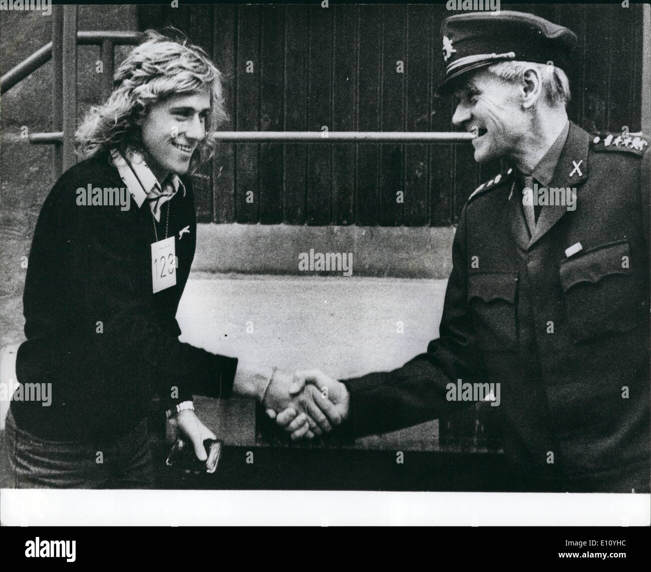 Oct. 10, 1974 - Bjorn Borg reports at Army National service centre: Like other Swedish 18-year-olds, Bjorn Borg the young golden boy of tennis, this week reported to an Army national service centre in Stockholm, where he completed medical and aptitude tests. Because he spends more than six months abroad each year it is unlikely that he will be called up. Photo shows Bjorn Borg is welcomed at the centre by Lt. Col. K.G. Holm Stock Photo