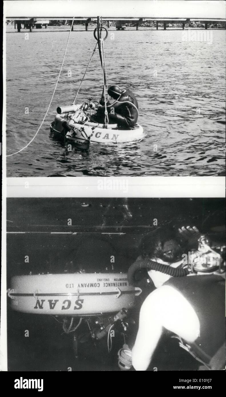 Oct. 10, 1974 - ''SCAN'' Underwater Robot For Inspecting the undersides of supertankers by remote control and without dry-docking. It was designed and constructed by Harwell scientists and engineers by a research contract by Underwater Maintenance Co ltd., of Southampton, and underwent its first sea-trials in September 1974. SCAN carries toe television cameras, lighting equipment and a still camera. UNderwater Maintenance Co Ltd intend to use it to replace where possible the visual inspections which are traditionally carried out in dry dock Stock Photo