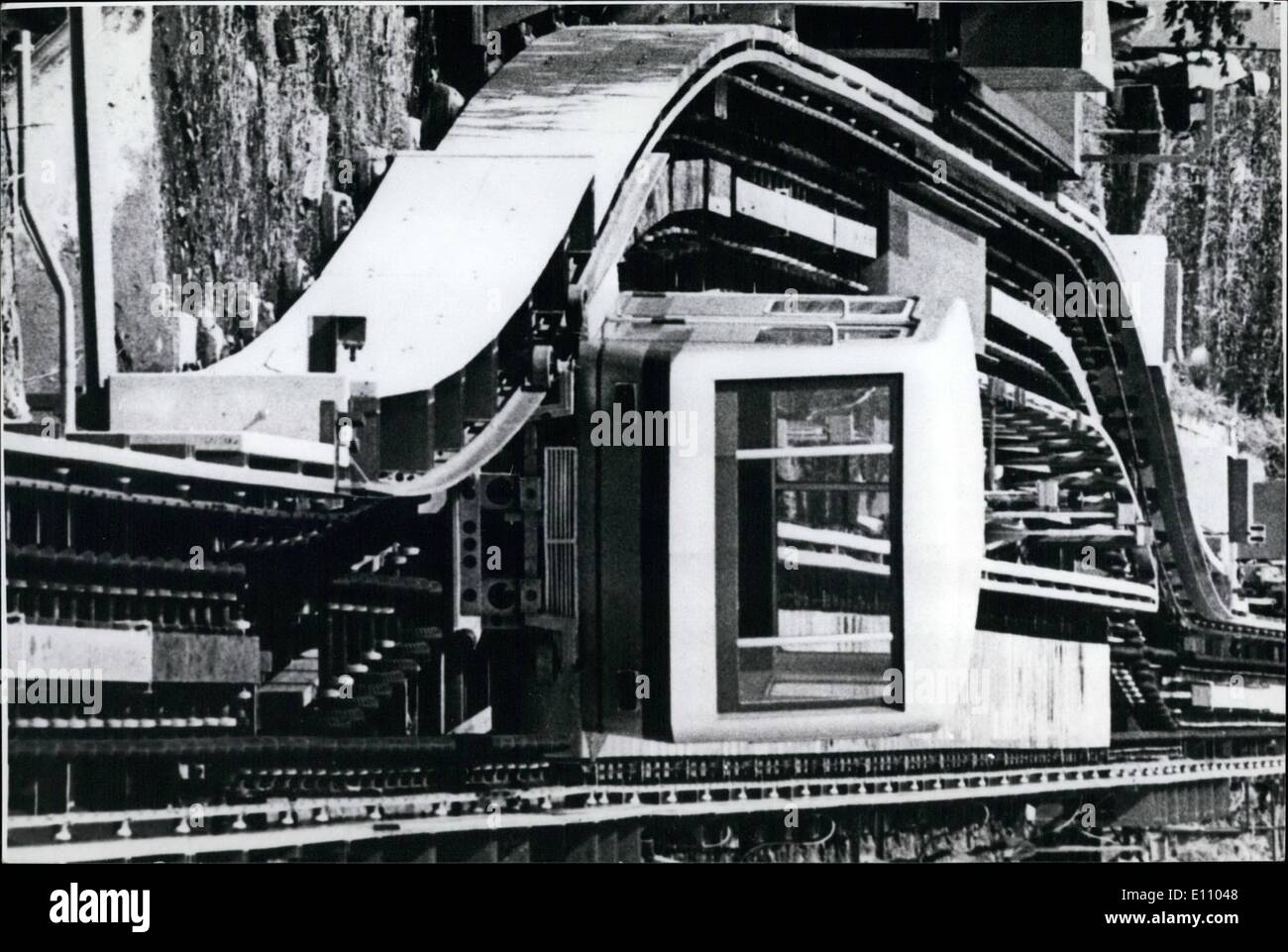 Sep. 09, 1974 - TESTS COMPLETED ON JAPANESE URBAN TRANSPORTATION SYSTEM. The ''Beltica'' Urban Transportation System, which could solve many traffic problems, has completed its tests at Fuchu, near Tokyo. The system developed by Toshiba, consists of ''motormanless'' 20-passenger capsules which circuit a city, slow down at stations automatically to let passengers on and off by different doors, moves rapidly between stations, makes little noise, and has low vibration levels. The capsules reach a speed of 24km/h, and slows down to 2,4 km/h at stations Stock Photo