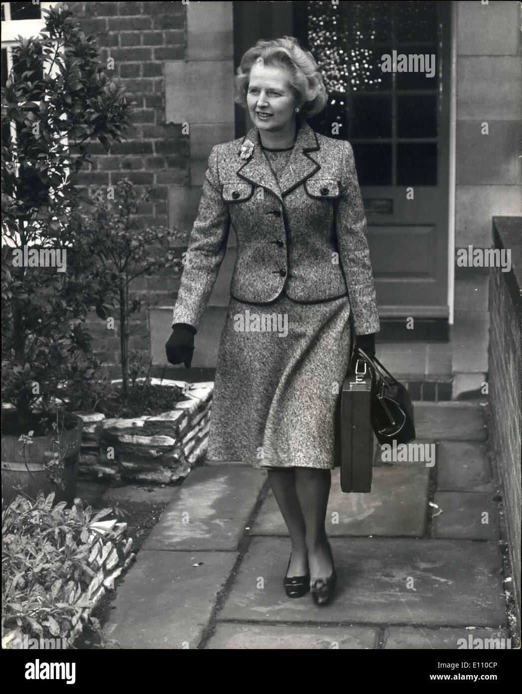 Feb. 04, 1975 - Today's Ballot for Tory Party Leadership: The first ballot in the election for leadership of the Conservative Party took place today at the House of Commons. Photo shows Mrs. Margaret Thatcher, one of the candidates, leaving her Chelsea home today for the Commons. Stock Photo