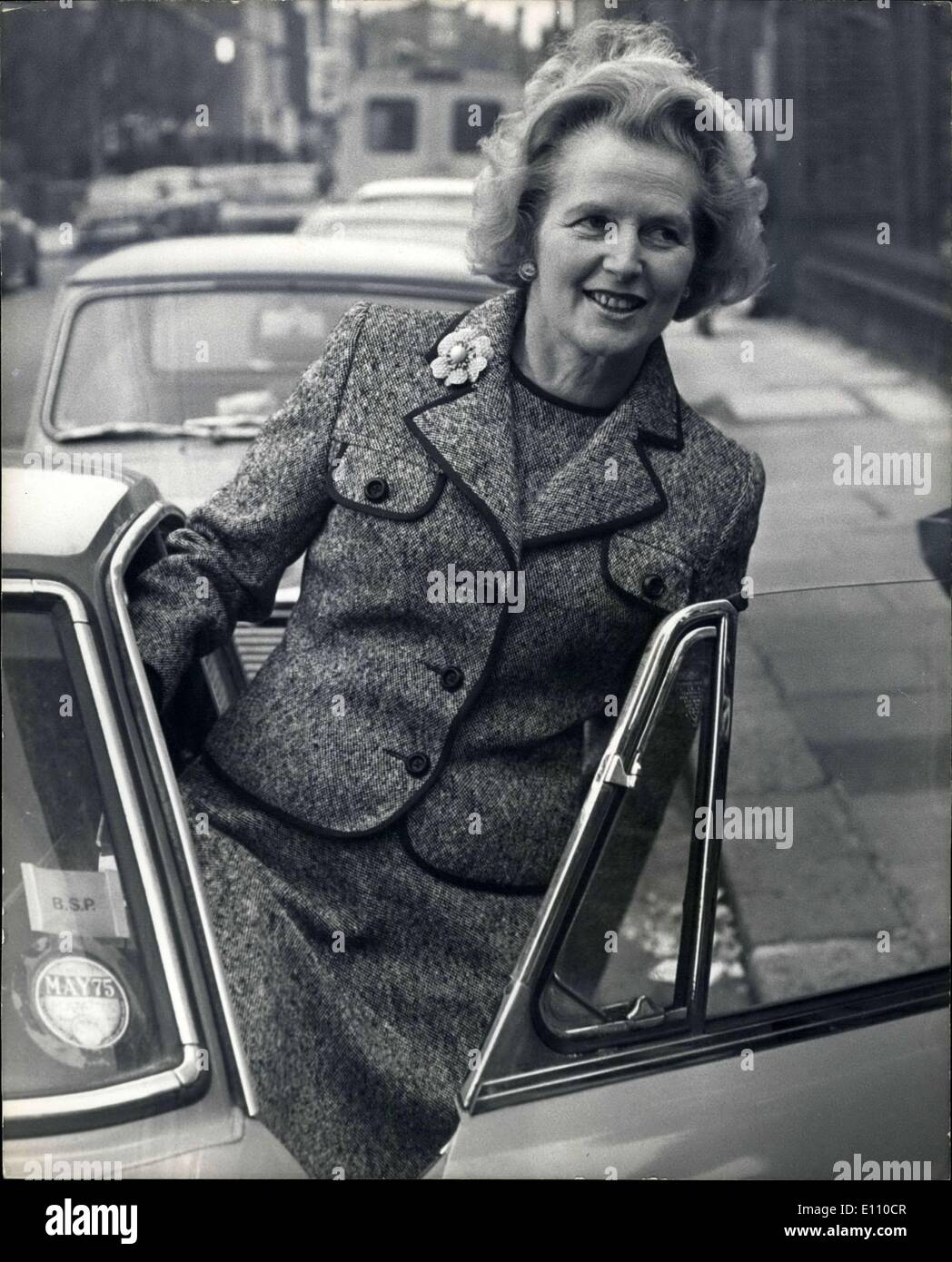 Feb. 04, 1975 - Today's Ballot For Tory Party Leadership: The first ballot in the election for leadership of the Conservative Party was taking place today at the House of Commons. Photo shows Mrs. Margaret Thatcher, one of the candidates, entering a car when she left her home in Chelsea for the Commons this morning. Stock Photo