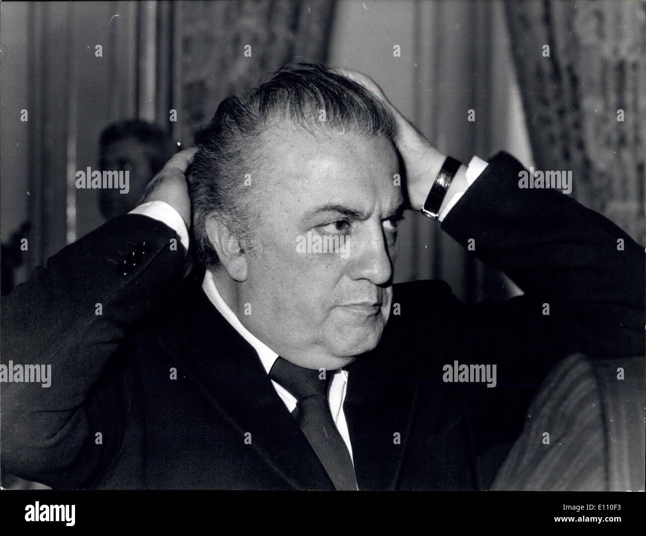 Feb. 21, 1975 - Federico Fellini, candidate to the Oscar' for his last film Amarcord' seen at the urinale Palace during the visit to the resident of the Republic who received the actor and author winners of the Prize di Donatello. Stock Photo