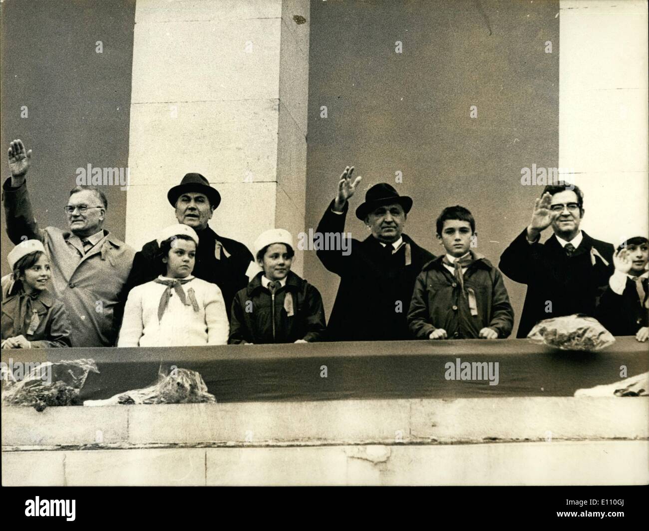 Nov. 11, 1974 - A civilian parade celebrating the 57th Anniversary of the Great October Socialist Revolution was held today on ''Ninth of September'' square in Sofia. Photo shows: the rostrum of ''Georgi Dimitrov'' Mausoleum, l=r are: academician Vladimir Kirilin, Deputy Chairman of the Council of Ministers of the USSR and President of the Committee for science and technology at the Council of Ministers of the USSR, Boris Velchev, Politburo member and Secretary of the Central Committee of the Bulgarian Communist Party Stock Photo