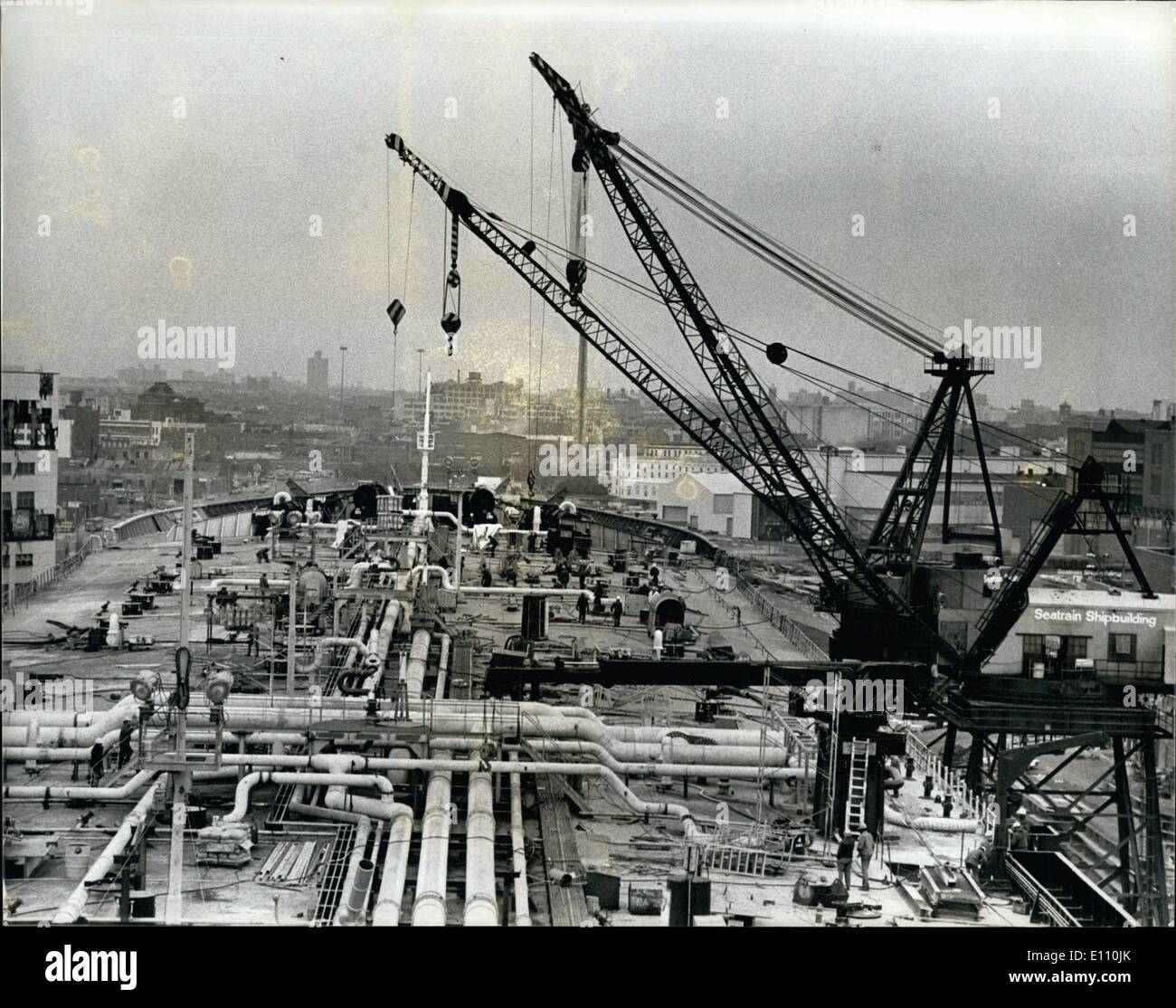 Nov. 11, 1974 - Seatrain Shipbuilding Corp. Brooklyn Navy Yard, Brooklyn N.Y. Employees of the Seatrain Shipbuilding Corp. working on the decks of the super tanker ''T.T. Williamsburgh. Stock Photo