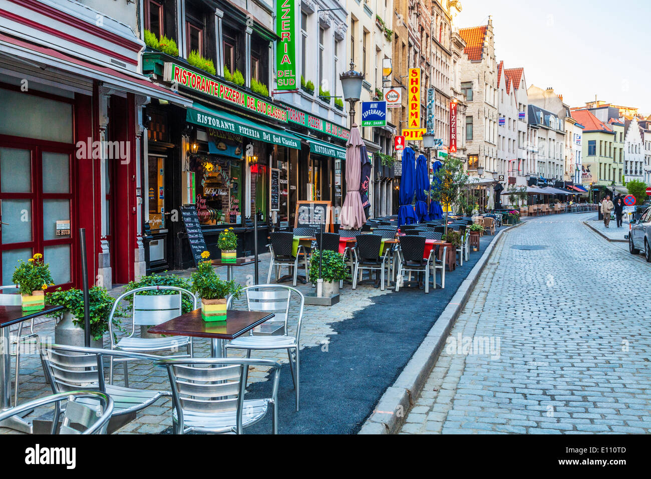 Bars, restaurants and cafes in the Oude Koornmarkt in Antwerp. Stock Photo