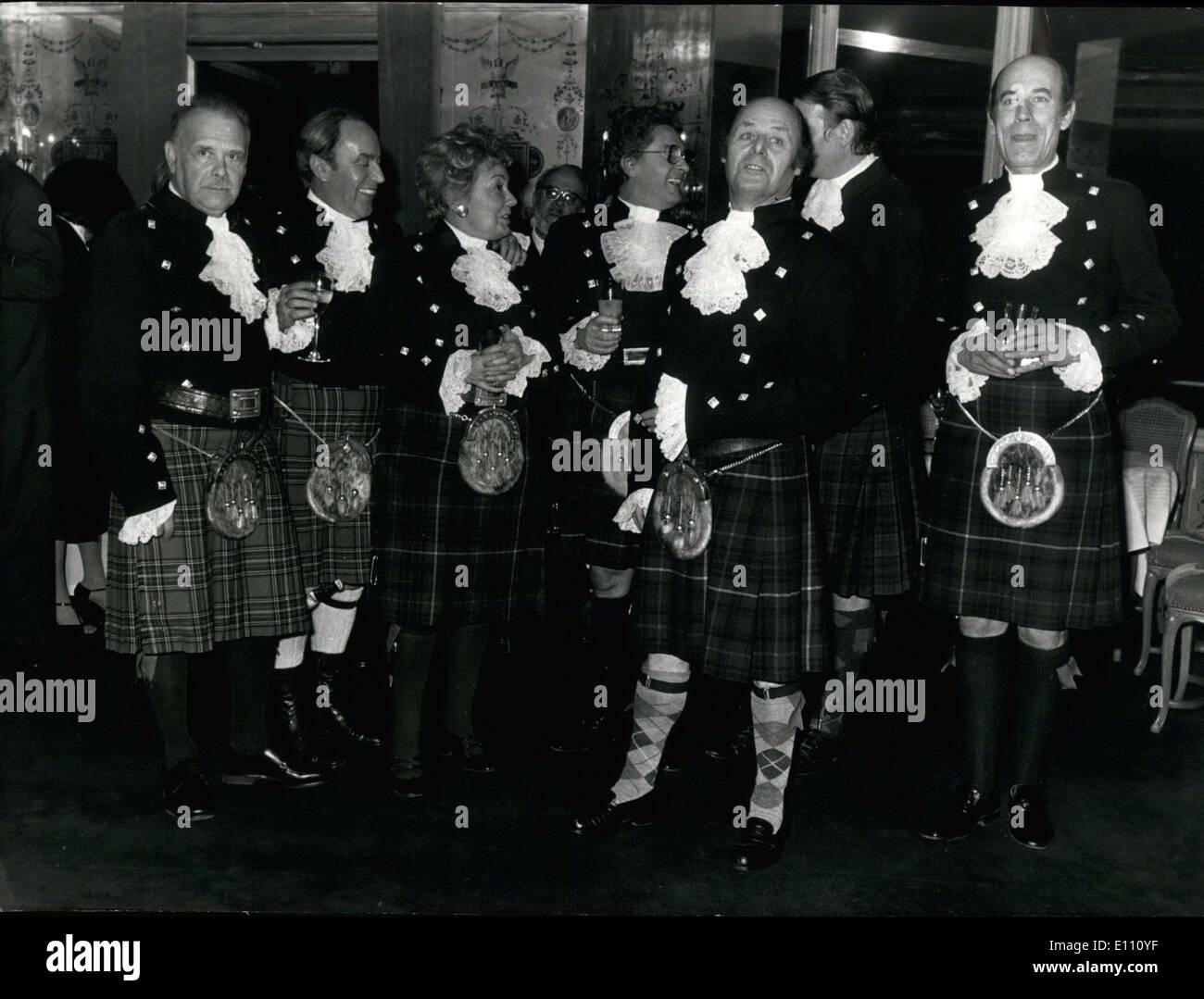 Dec. 12, 1974 - Baron Philippe de Rothschild won the prize this year. Kleber Haedens and Claude Terrail are sharing the ''Glenfiddich Award'' this year, which is given to authors and journalists and writers whose writings deal with whiskey. Pictured: David Grant, Jean Didier, PJ Vaillard, Jacques Baudouin, Robert Courtine, Paul Vincent, & Anne-Marie Carriere. Stock Photo