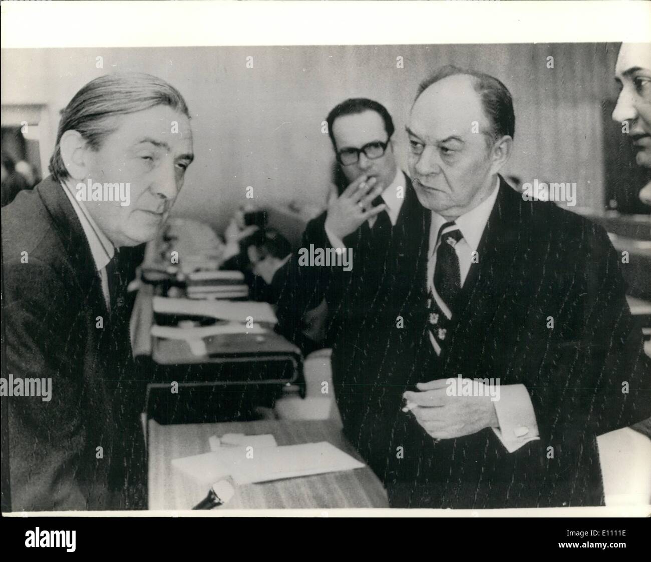 Mar. 03, 1975 - Len Murray and Alexander Shelepin in Geneva: Mr. Len Murray left , general setary of the TUC, pictured with Stock Photo