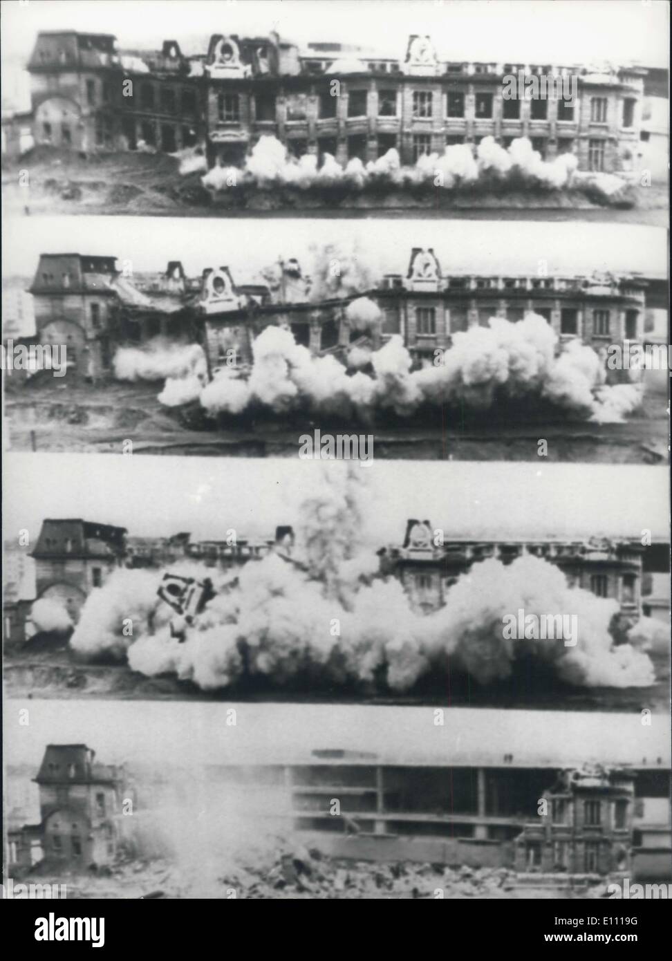 Mar. 12, 1975 - 320 kilogrammes of explosive: 320 kilogrammes of explosives were necessary to destroy the old post building in Basel (Switzerland). 900 holes have been made and filled with explosive. Photo shows the building crashes down. Stock Photo