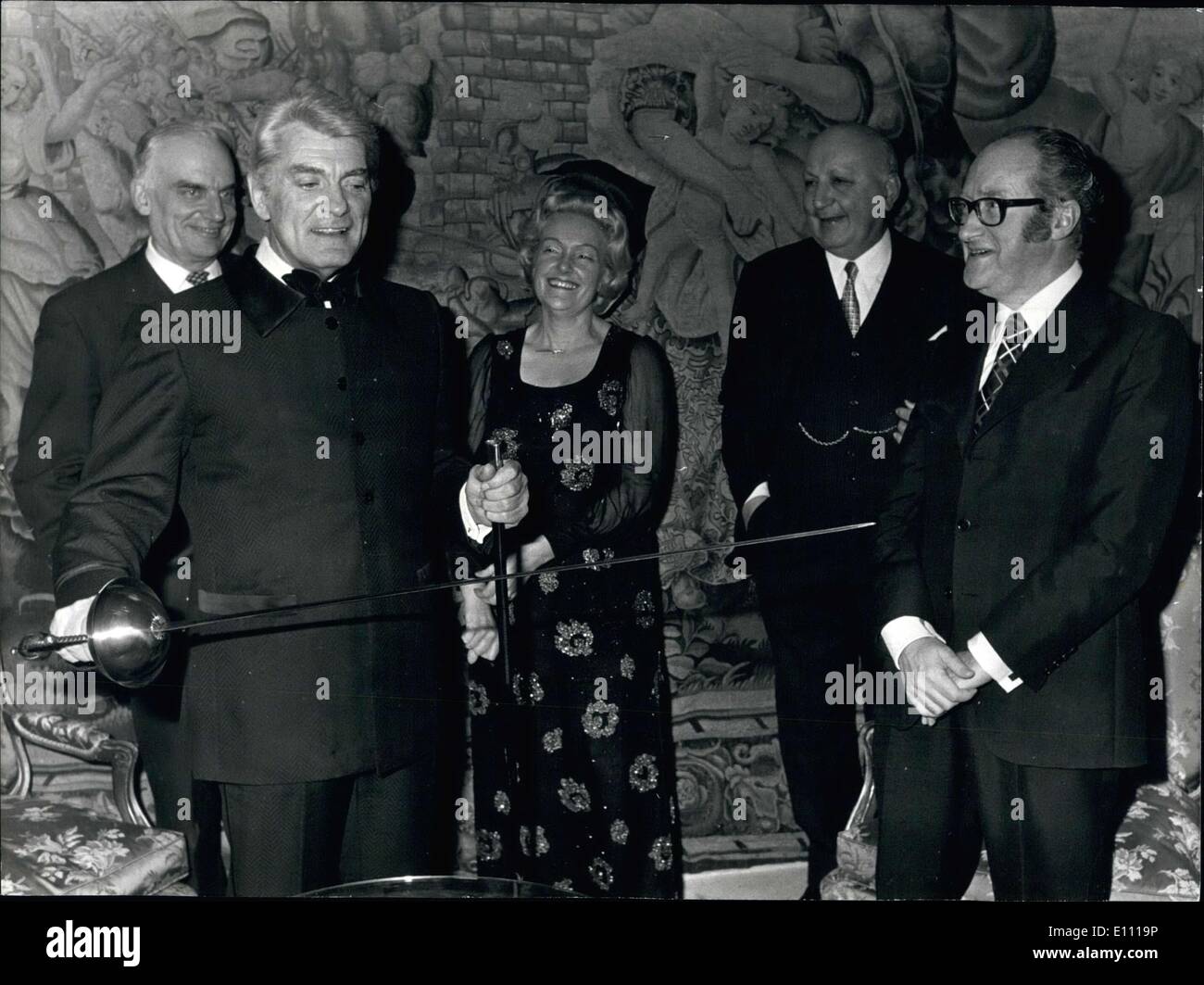 Mar. 14, 1975 - Jean Marais won the Alexandre Dumas Trophy for his interpretation of ''The Count of Monte Cristo.'' Left to right: Jean Marias, Dumas Trophy Jury President Juliette Benzoni, and Historian and Jury Member Alain Decaux. Stock Photo
