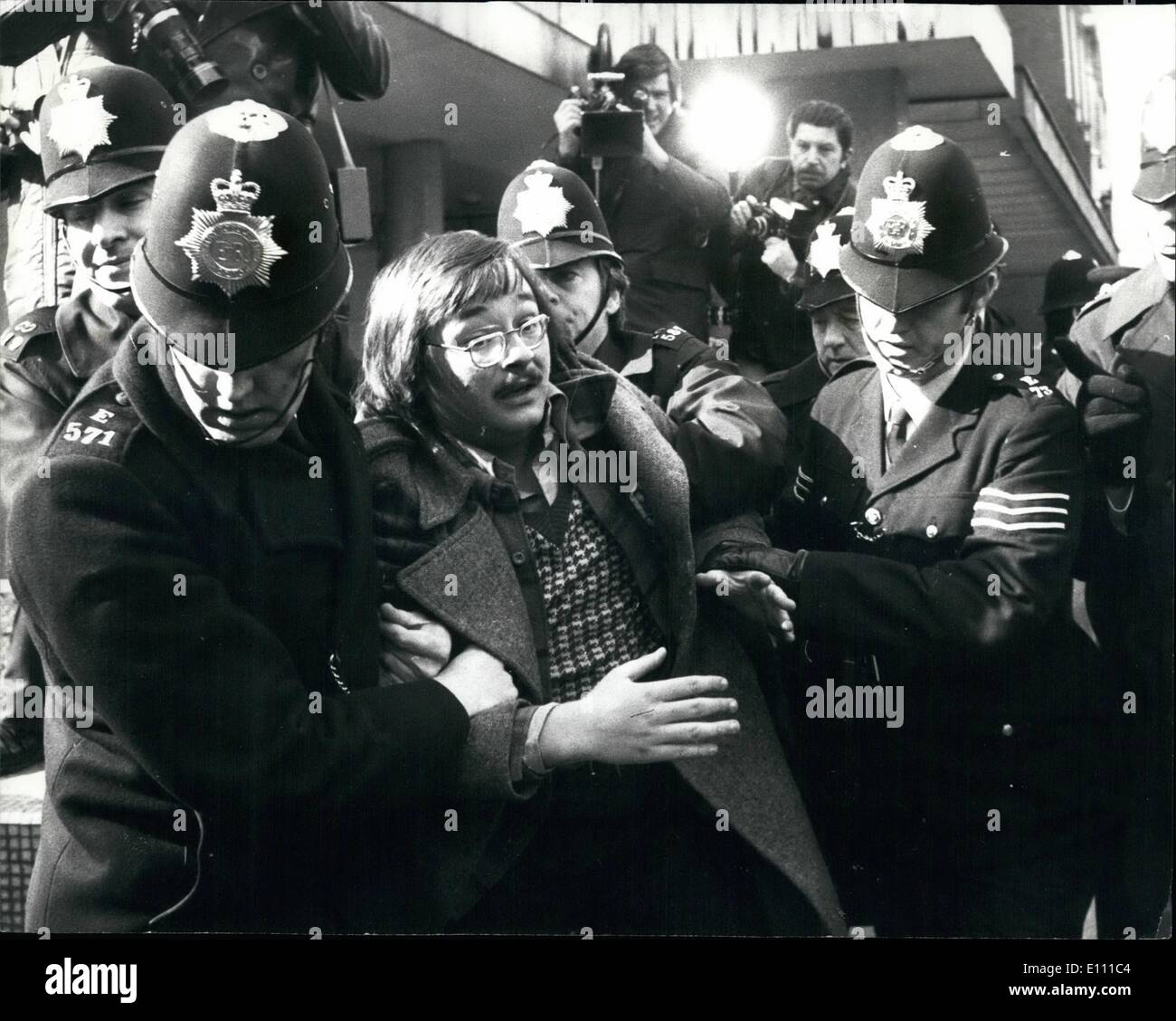 Apr. 01, 1975 - April 1st, 1975 Shelepin in London. Alexander Shelepin, the former KGB chief, has arrived in London with a Soviet Trade Union delegation as the guests of the TUC. This morning he visited the TUC headquarters at Congress House. Keystone Photo Shows: A demonstrator being removed by police outside Congress House this morning. Stock Photo