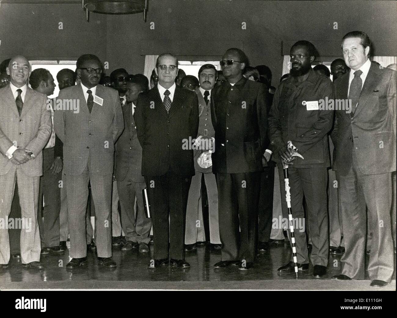 Jan. 01, 1975 - Official Picture Of The Top-Conference In Algarve: In The middle: President of the Portugal Republic, General Francisco Da Costa Gomes, On the right: Roberto Holden, Dr. Jonas Savimbi and Dr Mario Soares, Minister of Foreign Affaires of Portugal. On The Top: Dr. Agostinho Neto and The High Commissioner of Angola, The Admiral Rosa Coutinho. Stock Photo