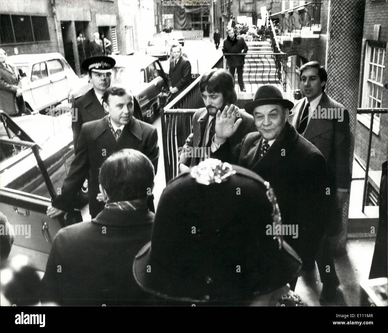 Apr. 04, 1975 - Demonstrations as Alexander Shelepin arrives in London.: Alexander Shepelin the former KGB chief, who is in London with a Soviet trade union delegation as guests of the TUC, today escaped the angry demonstrators when he entered the TUC building Congress House, by a back entrance.Photo shows a general view showing Alexander Shelepin leaving the back entrance of Congress House to avoid the demonstrators this evening. Stock Photo