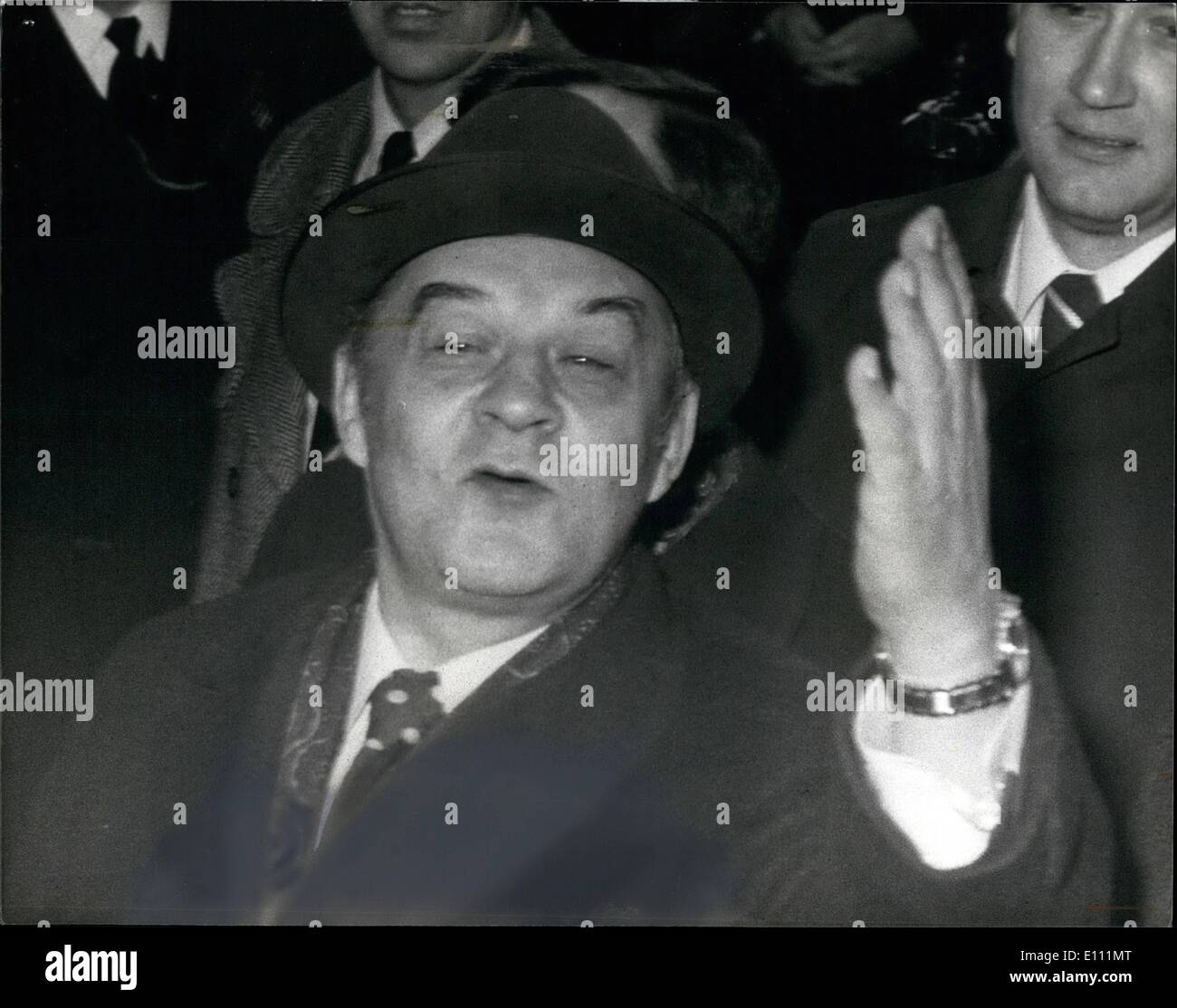 Apr. 04, 1975 - Demonstrations as Alexander Shelepin arrives in London.: Alexander Shepelin the former KGB chief, who is in London with a Soviet trade union delegation as guests of the TUC, today escaped the angry demonstrators when he entered the TUC building Congress House, by a back entrance.Photo shows Alexander Shelepin leaves Congress House by a back entrance to avoid the demonstrators this evening. Stock Photo