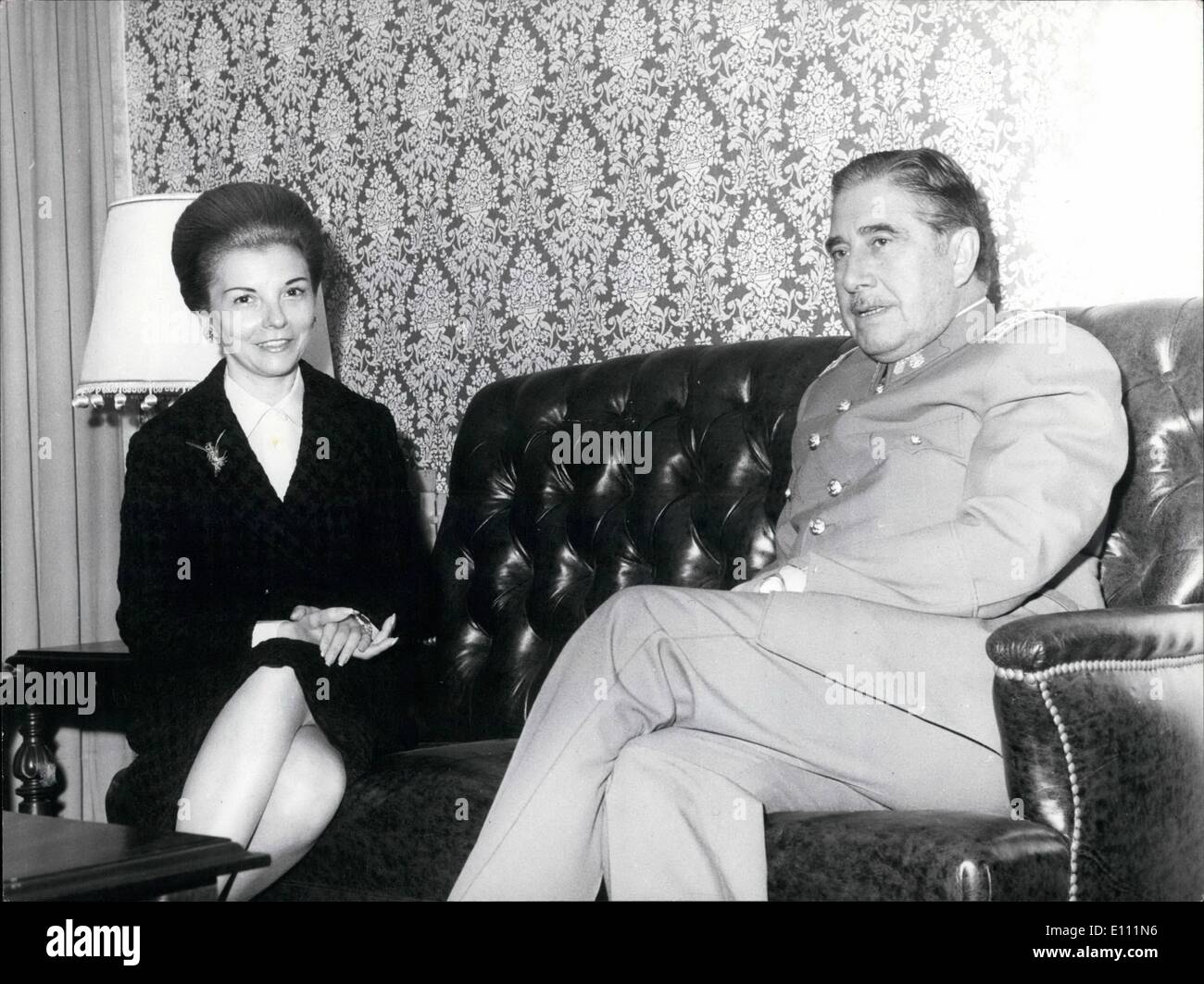 Apr. 04, 1975 - President Pinochet of Chile visits Mrs. Peron: General Augusto Pinochet Ugarte President of Chile paid an official visit to Mrs. Peron during his short stay of seven hours in the Argentine capital. During their negotiations at which the two Foreign Ministers also attended, they discussed questions of sovereignity in the Antarctic, formation of bi-national enterprises for public works of mutual interest, and to confirm the opposition of both nations to foreign intervention and foreign doctrines and majorities of both countries reject Stock Photo