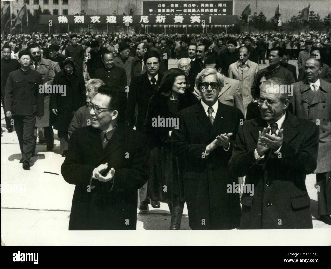 Apr. 10, 1975 - Prime Minister of Tunisia Hedi Nouira is visiting Peking China and was welcomed heartily at the airport. Chang Chun-Chiao is the Vice-Prime Minister of China. Stock Photo