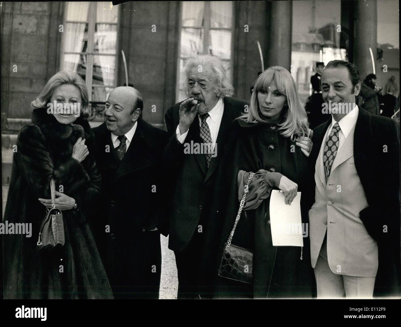 Feb. 02, 1975 - President Giscard d'Estaing gave director Marcel Carne permission to film at the Elysee Palace. Left to right: Michele Morgan, Marcel Carne, Michel Simon, Dany Savac, and Roland Lesaffre. American Speaker of the House, W. Martin, in Germany. Stock Photo