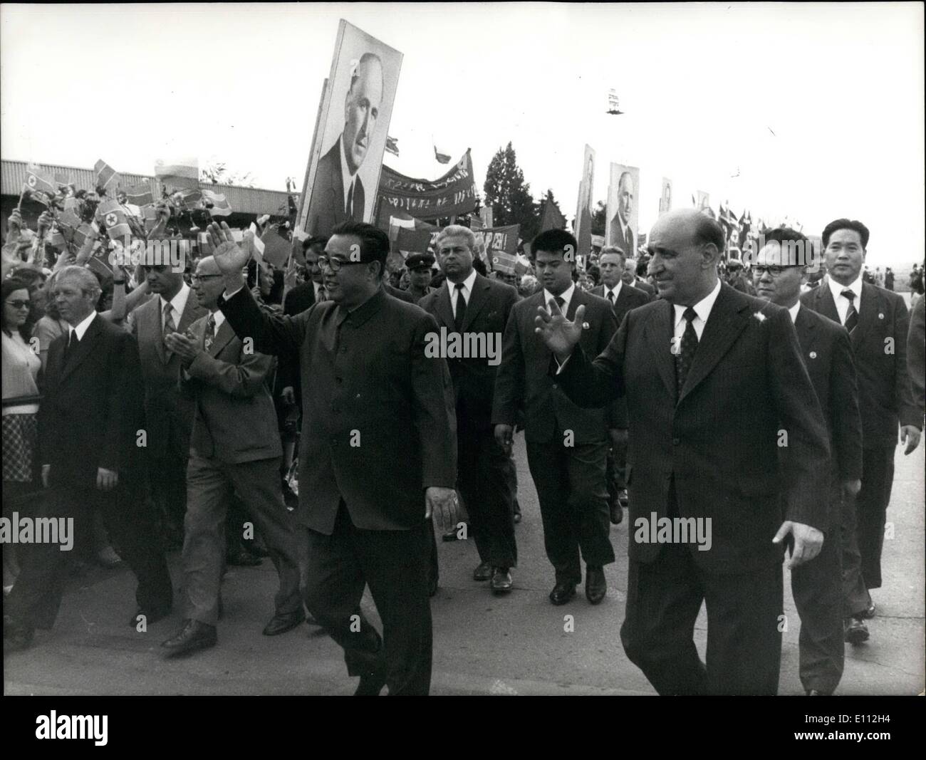 Jun. 06, 1975 - Kim Il Sung Visits Bulgaria: The first secretary of the Bulgarian Communist Part CC and President of the State Council of Bulgaria Todor Zhivkov and the secretary general of the CC of the Korean Workers' Party and president of the Korean People's Democratic Republic Kim Il Sung acknowldge the ovations of the citizen of Sofia at the airport of Sofia. Stock Photo