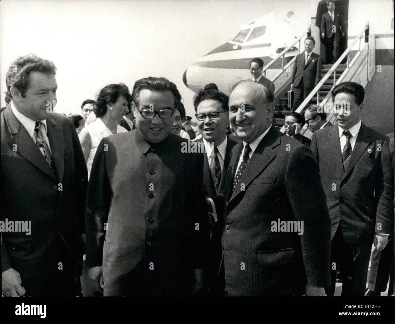 Jun. 06, 1975 - Kim Il Sung visits Bulgaria. Photo shows the first secretary of the Bulgarian Communists Party Central Committeee and president of the State Council of Bulgaria Todro Zhivkov and the Secretary general of the Central Committeee of the Korean Workers party and President of the Korean People's Democratic Republic Kim Il Sung during welcome ceremony at Sofia Airport. Stock Photo