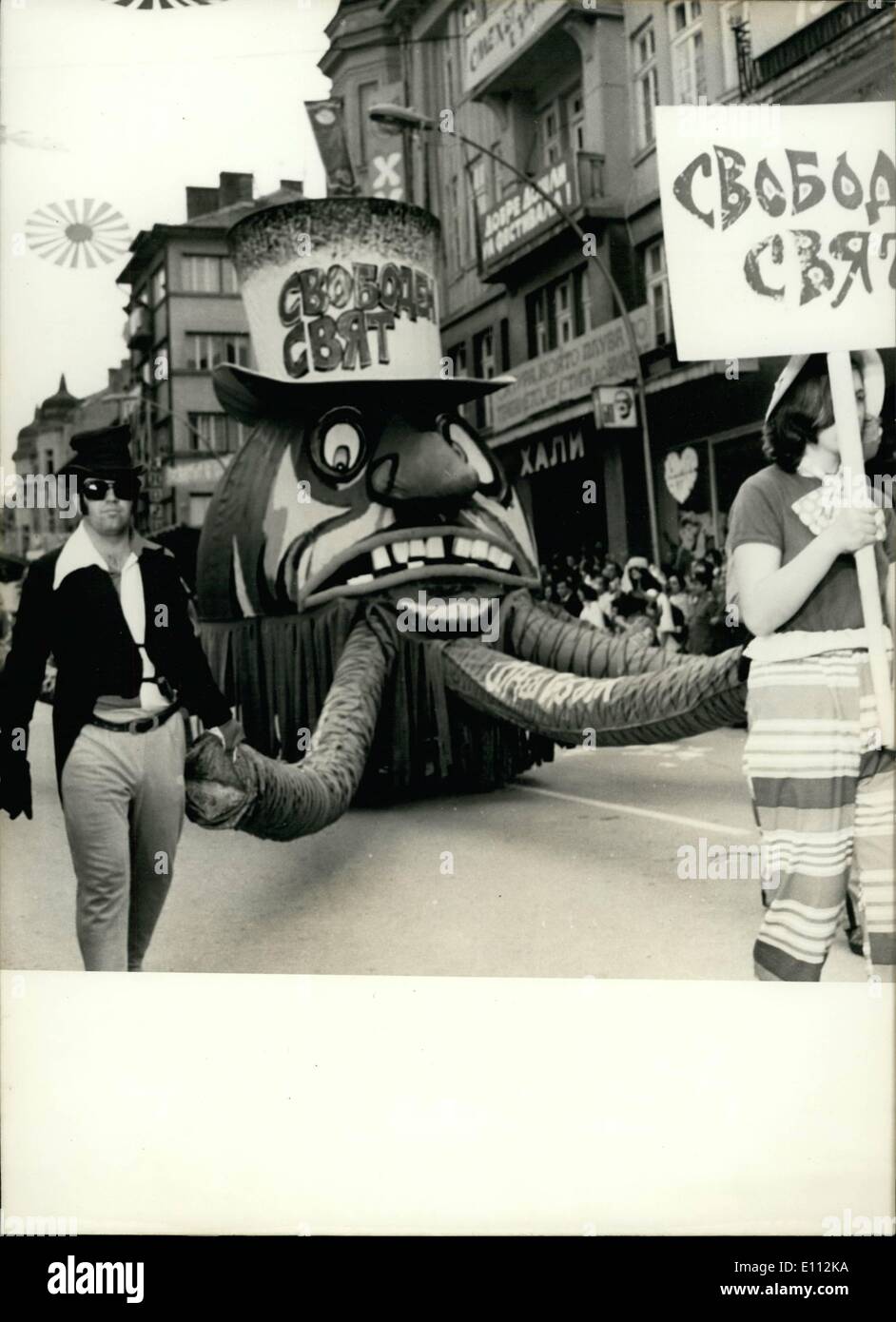 May 05, 1975 - Tenth international festival of humour and satire in Gabrovo. A big and colourful procession took place on May 17 in the town of Gabrovo as part of the Tenth international festival of humour and satire, Many guests from abroad were present at the festival . OPS during the procession. Stock Photo