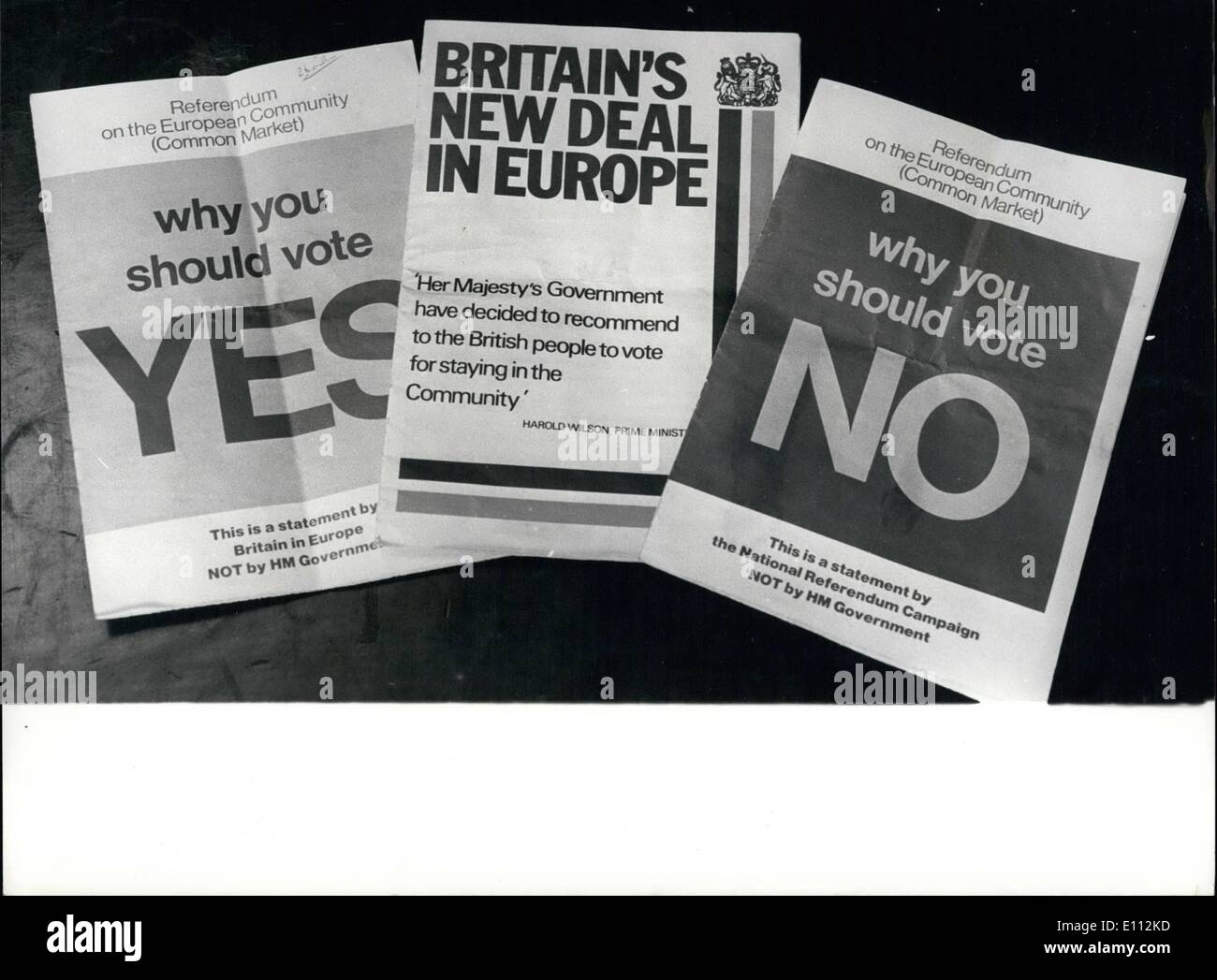 May 05, 1975 - Premier Orders Publication of Common Market Referendum Documents.: The Prime Minister, Mr. Harold Wilson, last night ordered immediate publication of the official Government and rival campaign organisation Common Market referendum documents. A total of 25 million households are to receive an envelope containing all three documents. The documents are the Government's case for a 'yes' or vote on Britain's continue membership of the EEC and the summaries of the rival Common Market referendum campaigns, Britain in Europe and the National Referendum campaign Stock Photo