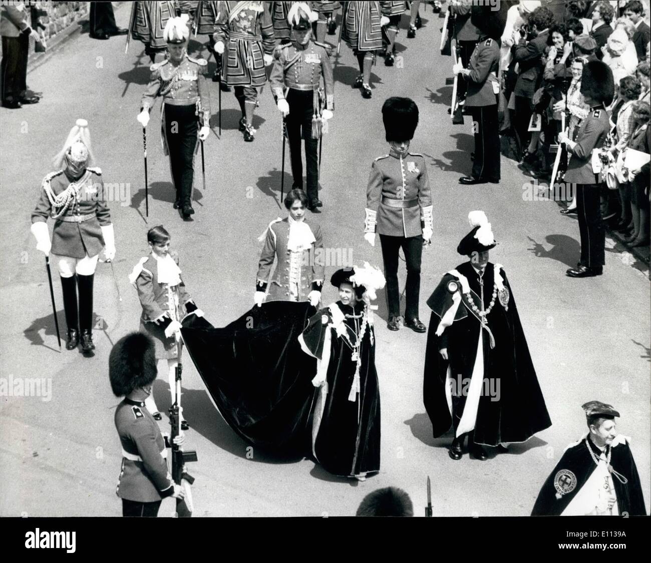 Jul. 07, 1975 - THE CEREMONIAL PROCESSION OF THE MOST NOBLE ORDER OF THE GARTER AT WINDSOR CASTLE The Queen and the Duke of Edinburgh with other members of the Royal Family, today took part in the Ceremonial Order of the Garter ceremony in Windsor Castle. PHOTO SHOWS: W.H. the QUEEN with the DUKE of EDINBURGH walking in procession to St. George's Chapel in Windsor Castle for today;s Garter Service. Stock Photo