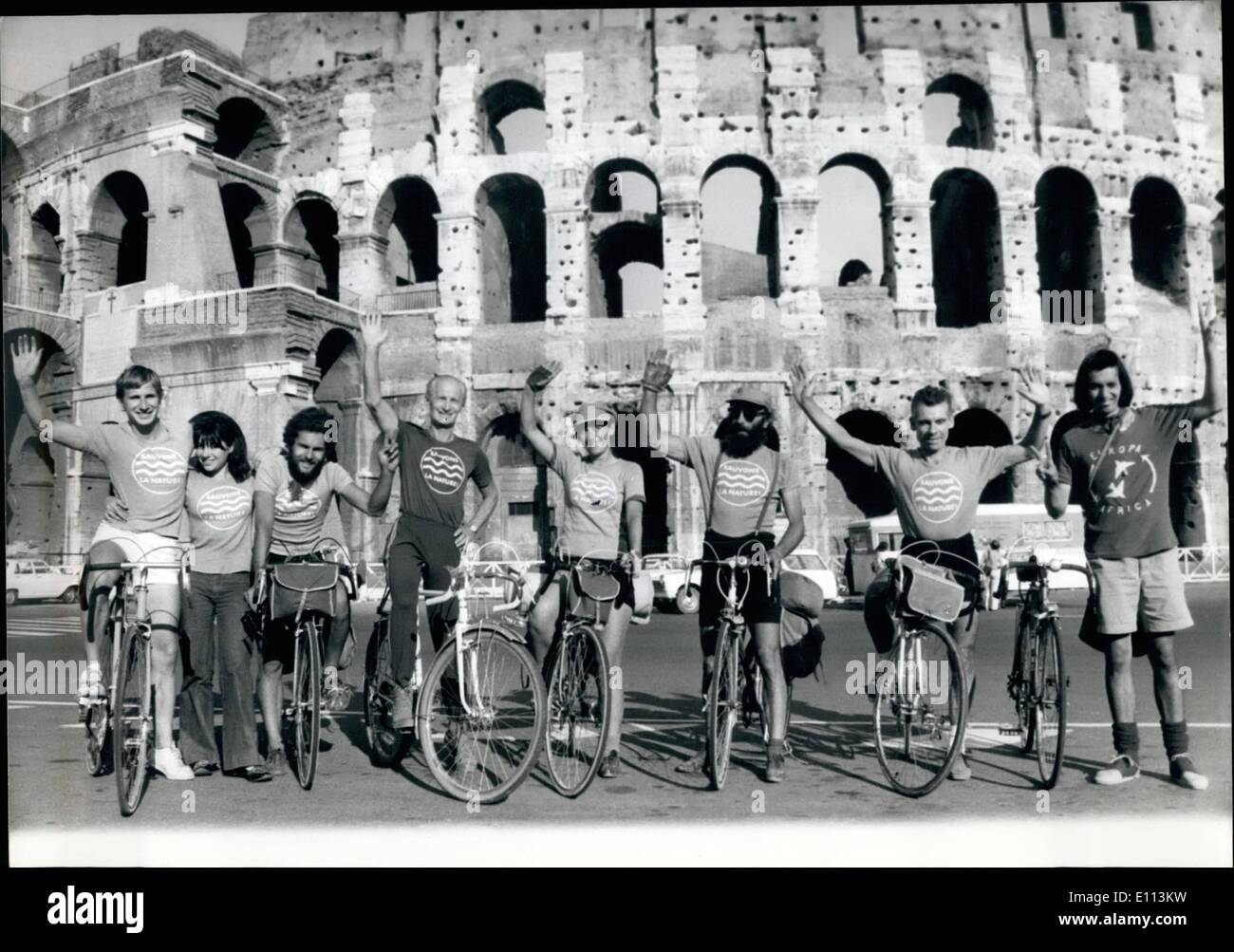 Oct. 10, 1975 - A group of French cyclists of the Fed. Francaise de Cyclotourisme arrived in Rome (in our photo before the Coloseum) after the raid Paris - Assisi to pay homage to the tomb of St Francis at the occasion of the 6th Feast of the Animals and in the program of the ecological struggle. Stock Photo