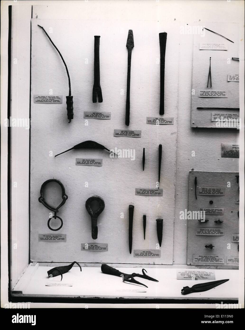 Oct. 10, 1975 - Archaeology Exhibition at Royal Exchange: An exhibition organised by the London and Middlsex Archaeological Society, to mark their centenary, was opened at the Royal Exchange today by the Lord Mayor of London Sir Seymour Howard Photo shows Iron tools dated 1st. and 2nd. Century, found in Walbrook, in the City. Stock Photo