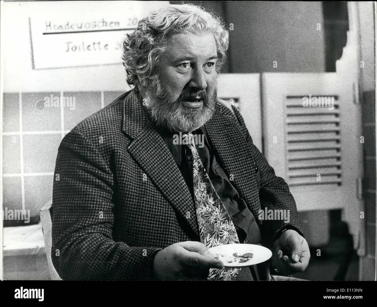 Oct. 10, 1975 - Peter Ustinov the ''Toilet Attendant'': Peter Ustinov will be seen as a ''toilet attendant'' on the German television screens. The famous actor, writer, director and producer, is currently making a one-man show in Hamburg to be shown on New Year's Eve. He will be pointing out some important and less important happenings of the year 1975, adding a touch of his well-known sense of humour. In one part of the show he will be seated in a public toilet, playing the part of the attendant. Photo shows Peter Ustinov as a 'toilet attendant' as he appears in his show. Stock Photo