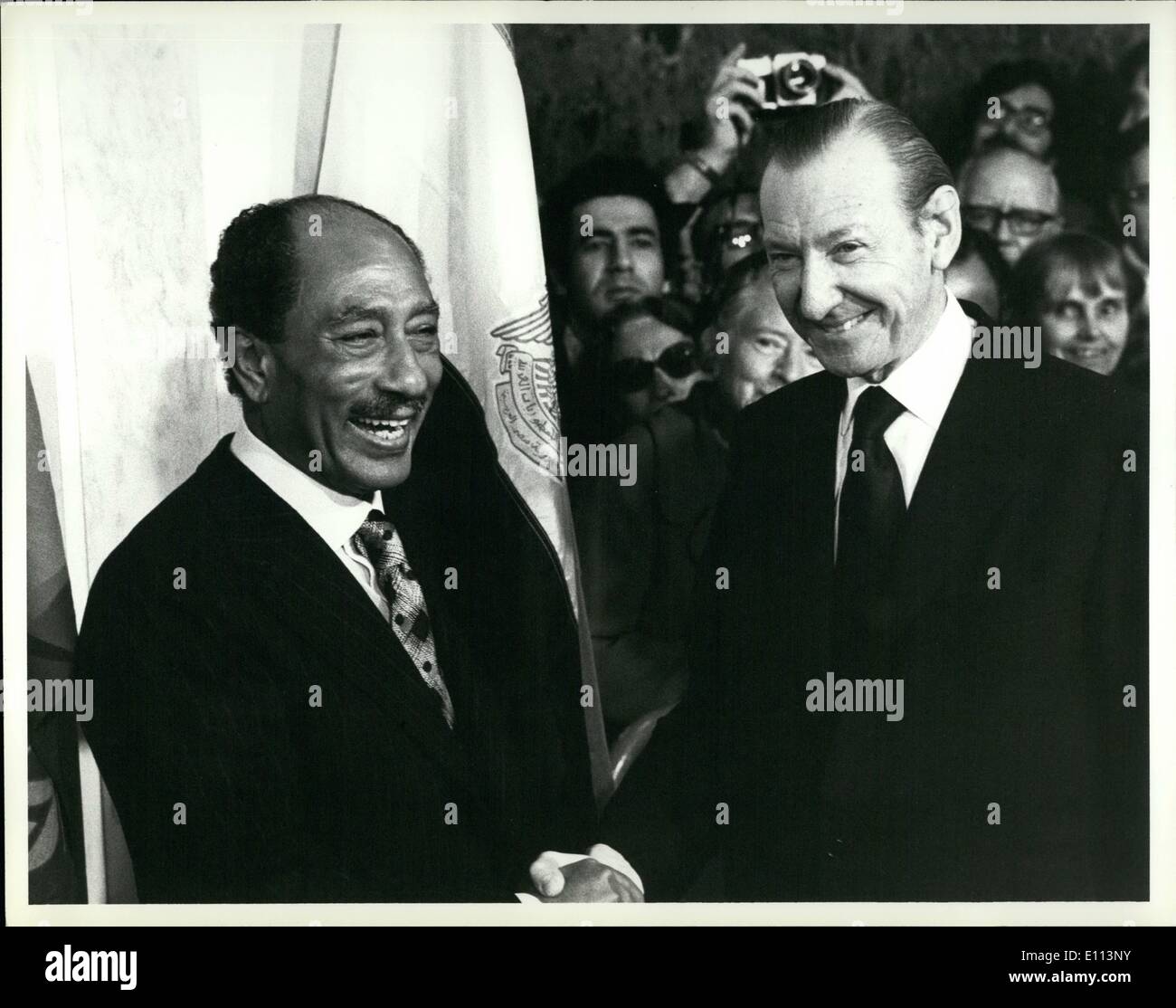 Oct. 10, 1975 - President of Egypt Pays Official Visit to UN Headquarters: The President of Egypt, Mohamed Anwar El-Sadat paid an official visit to United Nations Headquarters today to confer with Secretary-General Kurt Waldheim and address the General Assembly. During the visit, President El-Sadat met with the Chairmen of delegations to the General Assembly and attenden a luncheon given in his honour by the Secretary-General. President El-Sadat being greeted by Secretary-General Kurt Walheim in the Secretariat lobby. Stock Photo