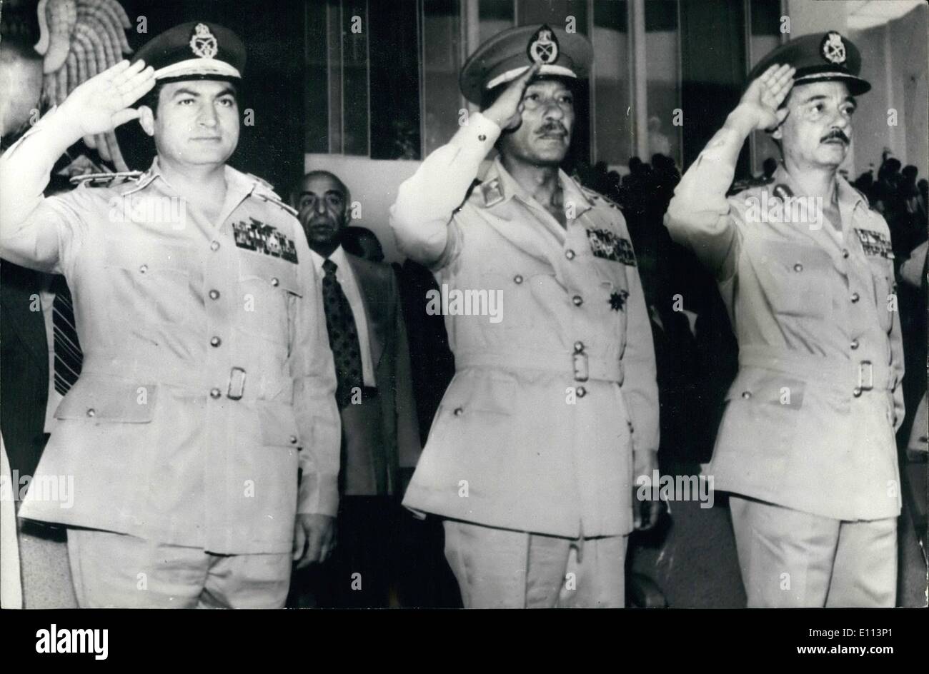 Oct. 10, 1975 - Egypt Displays Its Military Might: Egypt displayed its military might at a parade celebrating the second anniversary of the 1973 war with Israel. President Sadat, in the uniform of the supreme commander of armed forces, took the salute as token units with various weapons filed past his reviewing stand at Nasr (victory) City near Cairo. The military display included Western aircraft and arms which were appearing for the first time Stock Photo