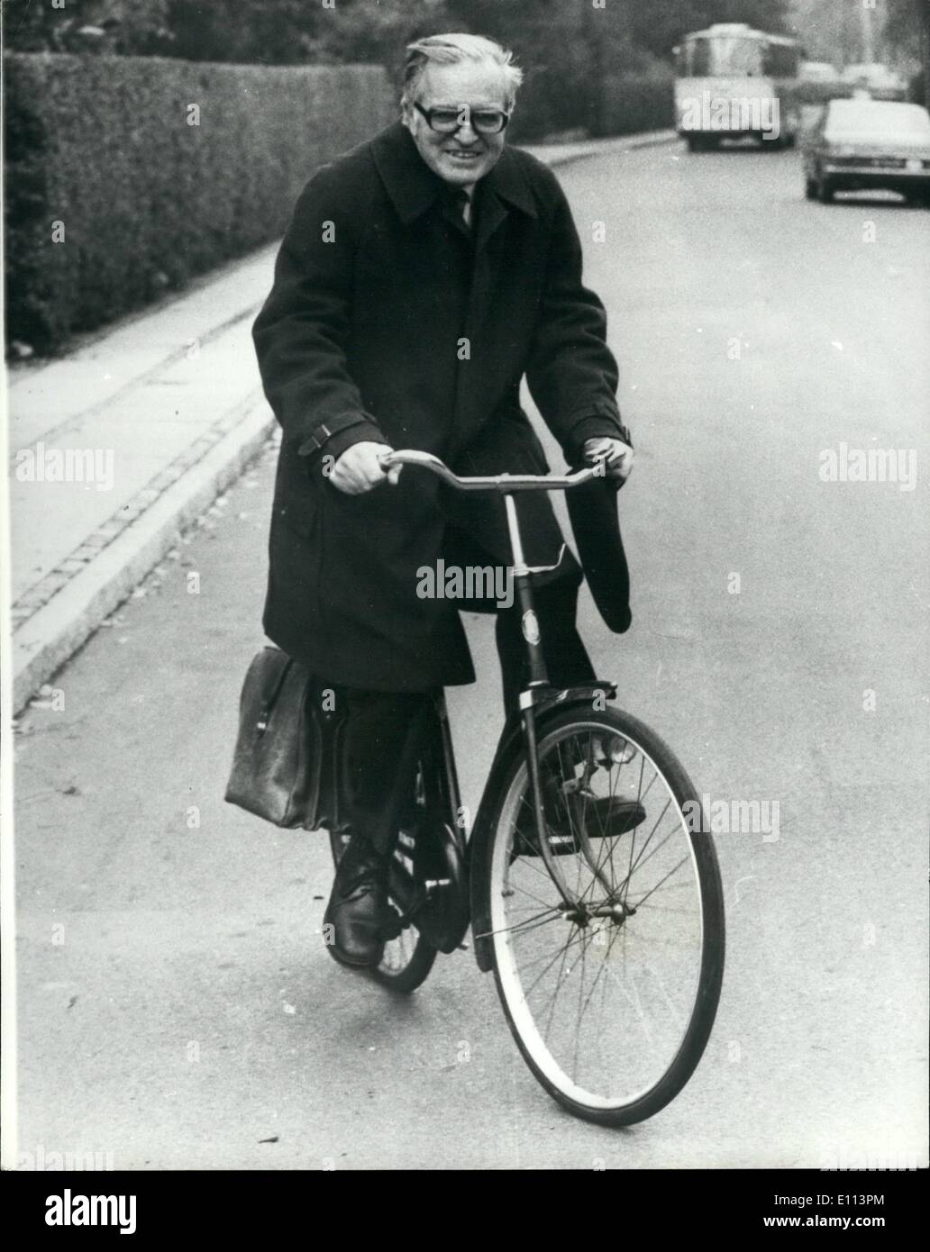 Oct. 10, 1975 - Aage Bohr wins Nobel Prize; Danish Professor Aage Bohr, son of the late Nils Bohr is one of three winners of their years Nobel Prize in physics. Photo shows Aage Bohr cycling to his work at the Niels Bohr Institute on Copenhagen. Stock Photo