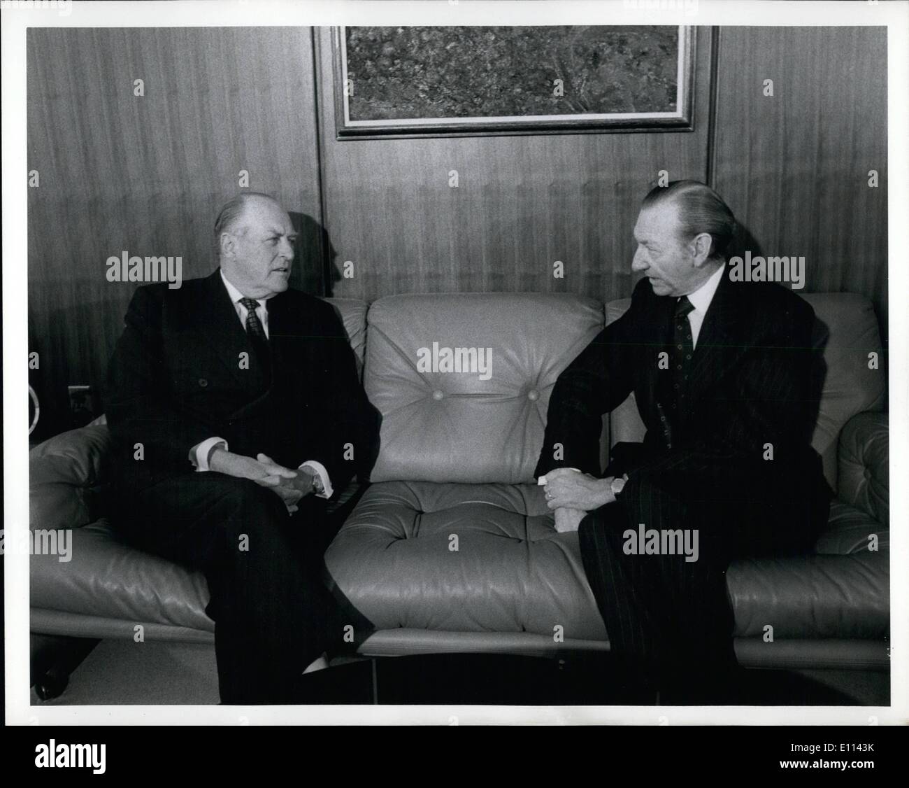 Oct. 10, 1975 - King Olaf V of Norway & UN Sec. Gen. Kurt Waldheim at his office. APRE Stock Photo