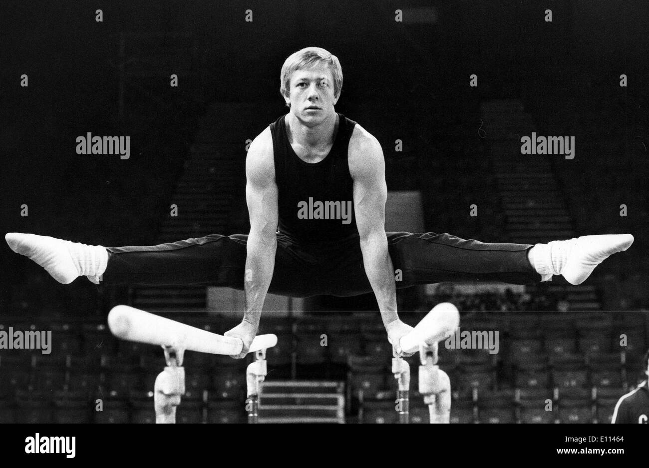 Oct 27, 1975; London, UK; NICOLAI ADRIANOV, the Russain and European champion in action on the parallel bars as he loosens up to compete in the World Cup.. (Credit Image: KEYSTONE Pictures USA/ZUMAPRESS.com) Stock Photo