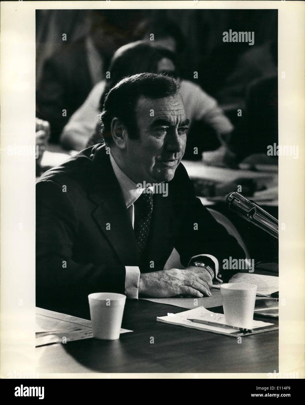 Nov. 11, 1975 - Governor of the State of New York, Hugh L. Carey testifying before the Joint Economic Committee of the United States Congress. The Committee chaired by Sen. Hubert H. Humphrey (Dem) of Minnesota, held one day hearing in New York on the economic crisis of the city. Stock Photo