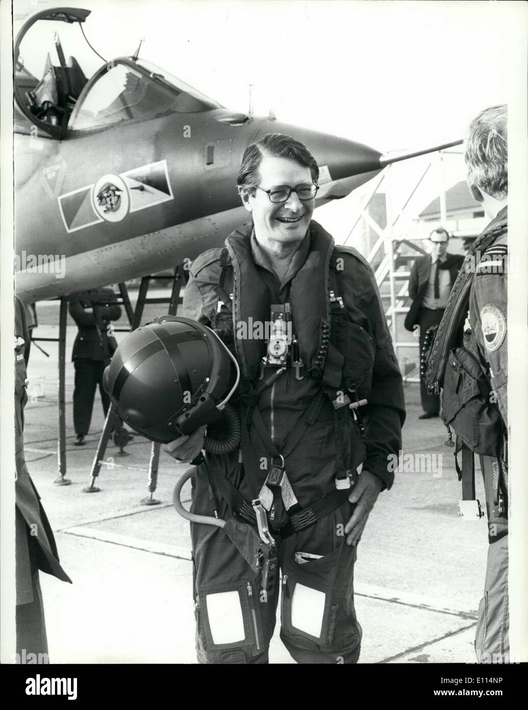 Nov. 11, 1975 - United States Ambassador vistts Raf Coltishall: The United States Ambassador to Britain Mr Elliot Richardson yesterday took a flight in a Harrier jump Jet from RAF Coltishall, Norfolk. He Later watched a simulated attack on an airfield by Jaguar Fighter-bombers. Picture Shows: MR Elliot Richardson, in flying gear prior to his flight in a Harrier Jump Jet Yesterday. Stock Photo