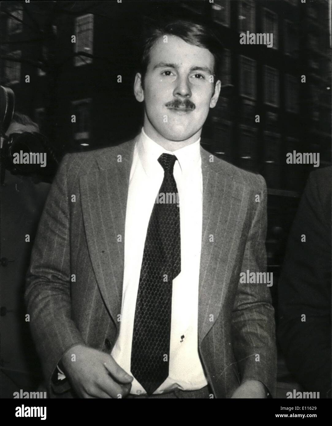 Feb. 02, 1976 - Maudling's Son appears at London Court on a theft charge: Edward Maudling, the 21-year-old son of Reginald Maudling, the former Home Secretary, appeared at a London Court this morning to face a shop where he stealing 75 worth of wine from a shop where he worked as assistant manager until last month. Photo shows Edward Maudling leaving the court this morning after being given a conditional discharge. Stock Photo