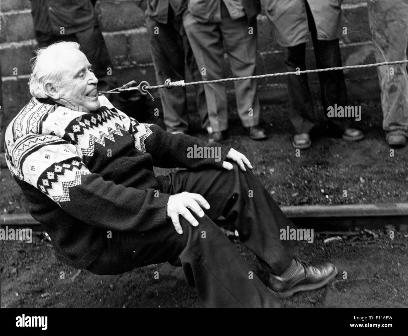 Jan 21, 1976; Calais, France; MAKOVIEC, the Hercules from Nord, is going to be the only French participating in the 'strongest jaws' world champioship in Springfield, USA. Makoviec is training at the Lens station close to Calais, France, where he is pulling 3 coaches with his mouth. Stock Photo