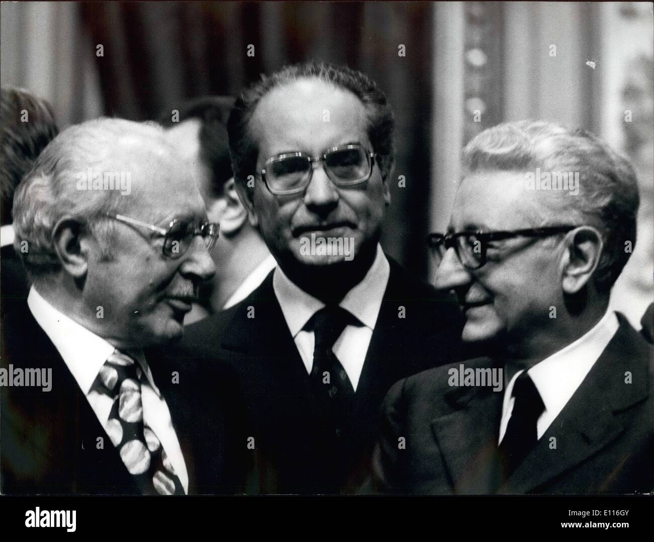 Feb. 02, 1976 - The government headed by Prime Minister Aldo Moro takek the oath this morning in front of the President of the Republic Giovanni Leonde. OPS = President Giovanni Leone talking with the new Minister of Finances, signor Gaetano Stabu-Ati. In the center minister of treasury signor Emilio COLOMBO. Stock Photo